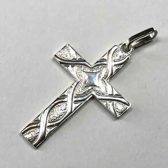 Vintage Italy 925 Sterling Silver Cross Necklace Pendant Pebbled Textured Star - Picture 7 of 9
